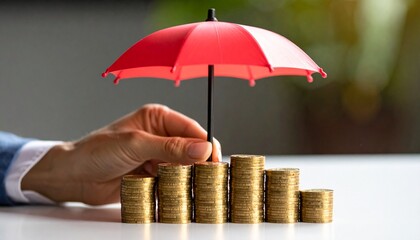 a Red umbrella shielding stacks of gold coins, hand placing umbrella