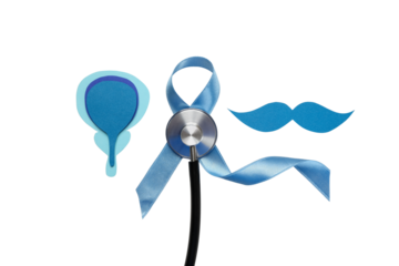 Prostate cancer symbols with health tools, isolated on white, PNG