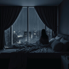 penthouse bedroom at night, dark gloomy, A room with girl simple sitting and view of the city from the bed