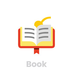 Open book icon isolated on white background flat design style vector illustration of book with text and bookmark symbol of knowledge, education, reading, and learning