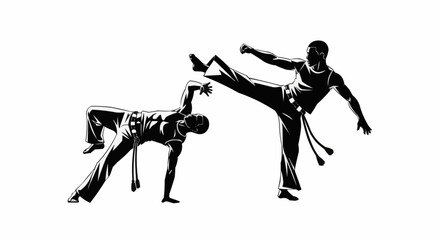 Vector art of two silhouetted figures performing capoeira moves, one kicking, the other in a low stance