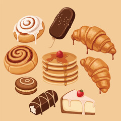 A delicious assortment of illustrated sweet pastries cakes and breakfast desserts.