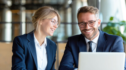 Smiling professional colleagues collaborating on a laptop in a modern office environment