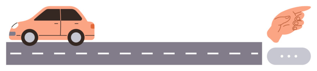 Car driving on a gray road with dashed lines, accompanied by a hand pointing forward. Ideal for navigation, direction, travel, planning, guidance, movement and journey themes. Clean flat metaphor
