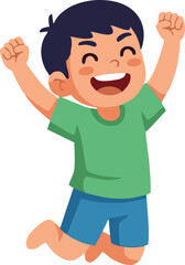 Joyful Cartoon Boy Leaping with Raised Fists and a Wide Smile