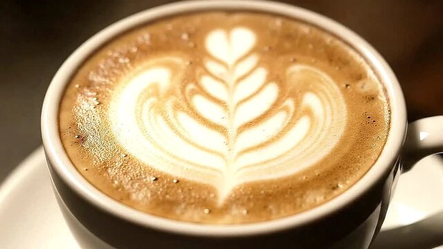 A latte with a leaf design in a white cup