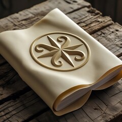 Ancient Mystical Book Golden Emblem on Wooden Surface Still Life