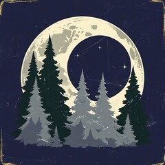 Serene Forest Night A Full Moon Over Majestic Evergreen Trees