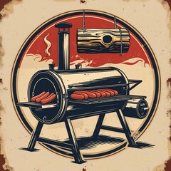 Vintage Barbecue Grill Illustration Featuring Savory Hot Dogs Smoking