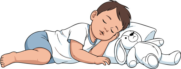 Peaceful Cartoon Baby Sleeping Comfortably with a Plush Bunny Toy