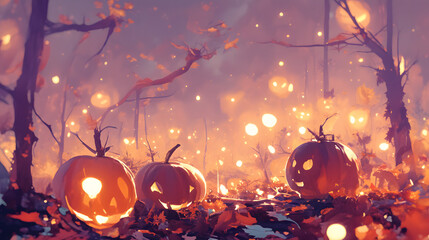 Row Of glowing jack-o-lanterns autumn leaves