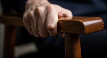 A close-up of a hand resting on a wooden chair arm, conveying a sense of contemplation.