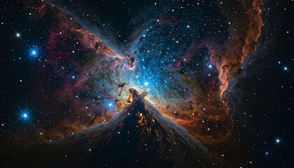 A stunning, colorful nebula illuminates deep space, revealing glowing gas, dust clouds, and countless stars across the vast cosmos.