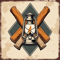 Rustic Camping Scene with Lantern and Logs Illustration Warm Glow