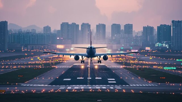 Airplane Landing at City Airport During Sunset