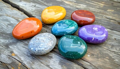 A collection of smooth, vibrant, polished stones in various colors resting on a weathered wooden surface, conveying natural beauty and calm.