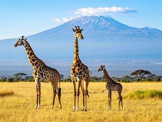 Obraz premium Majestic giraffes roam the African savanna near Kilimanjaro. 