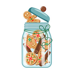 Transparent Glass Jar with Gingerbread House, Man, Cookies and Cinnamon Isolated on White Background. Vector Illustration in cartoon style. 