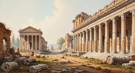 Watercolor Painting of Ancient Roman Ruins with Architectural Details A Scenic Depiction of Historical Landmarks and Archaeological Sites in a Classic Style
