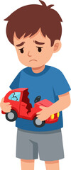 Fototapeta premium Sad Child Holding Broken Toy Car, Expressing Disappointment and Sorrow.