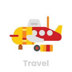 A yellow and red airplane with a propeller, symbolizing travel and aviation, isolated on white background