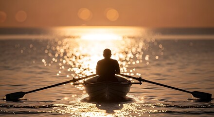 Silhouetted rower navigating tranquil waters at sunset with golden hues