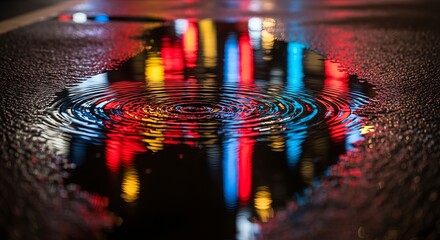 A vibrant urban reflection in a rain puddle, showcasing colorful city lights.