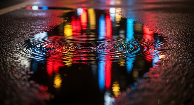 A vibrant urban reflection in a rain puddle, showcasing colorful city lights.