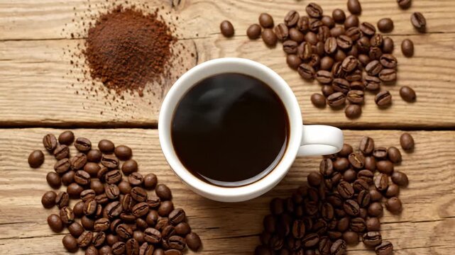 Aromatic Coffee Moments: Coffee Beans and Cup Arrangement on Rustic Wooden Table with Steam