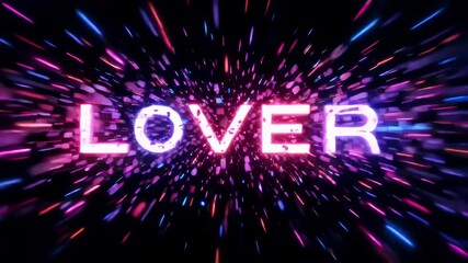 A vibrant digital artwork with neon pink and blue letters spelling LOVER amidst a dynamic explosion of colorful streaks and particles against a dark background - Powered by Adobe