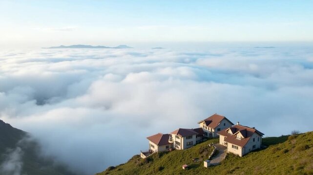Houses above clouds on Gomis mountain with cloudscape panorama. Holiday destination In Georgia