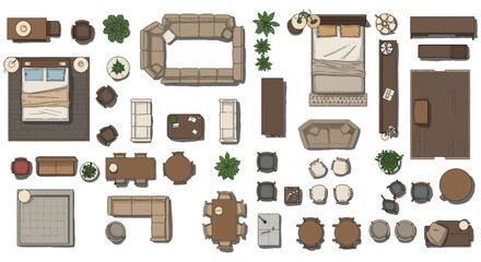 furniture top view floor plan with sofa beds tables chairs and decor accessories for interior design projects and architectural layouts.