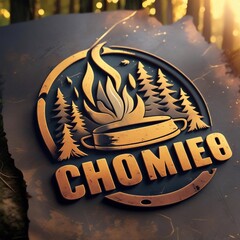 Golden embossed emblem for wilderness exploration and campfire cooking