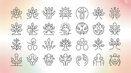 Collection of elegant line art botanical icons featuring diverse plant motifs on soft pink gradient background, Minimalist outline flora symbols set with trees leaves flowers perfect for branding 