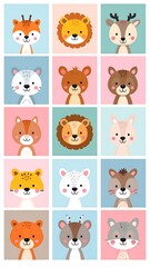 Fototapeta premium Cute animal faces on colorful squares
