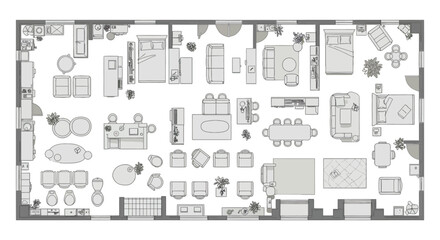 Obraz premium house plan design showcasing a modern home layout with detailed furniture arrangement for architectural visualization and real estate marketing.