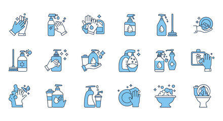 Cleaning and disinfection icons surface cleaning hand washing dishwashing toilet cleaning representing hygiene safety sanitization.