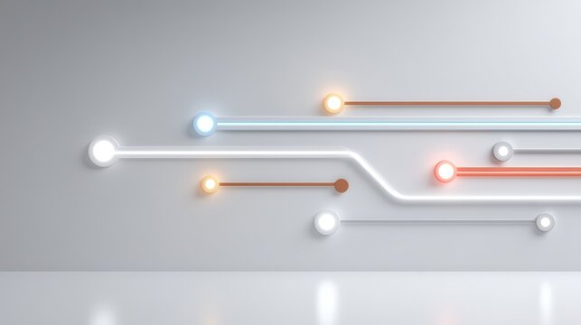 Pure white background with neon-sign inspired data flows, glowing connection hubs, and dotted signal paths, retro-futuristic tech style