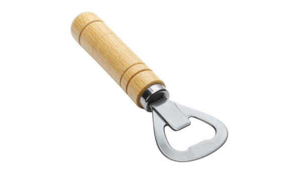Close-up of a bottle opener made of metal with a wooden handle.
