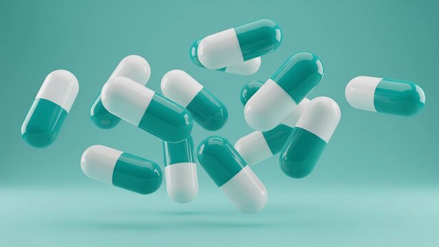 Teal and White Capsules Falling on a Mint Green Background