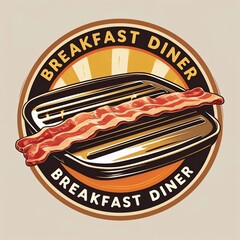 Classic Breakfast Diner Emblem with Crispy Bacon Strips on a Griddle Design