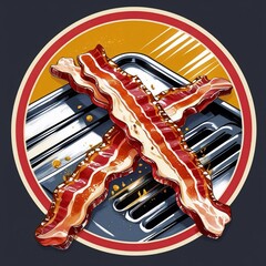 Crispy flavorful bacon strips crossed deliciously on a cooking griddle emblem