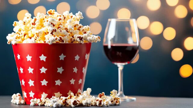 Popcorn red star pattern bowl and bucket with spilled kernels, glass of red wine, festive bokeh background, cozy celebration snack party joyful mood