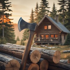 An old reliable axe embedded in freshly cut logs by a cozy forest cabin at golden hour
