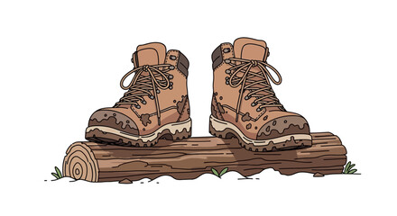 A pair of sturdy, muddy hiking boots resting on a weathered log, symbolizing outdoor adventures, exploration, and the call of the wild for nature enthusiasts and avid trekkers