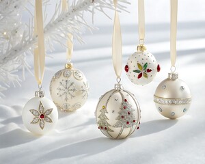 Five elegant Christmas ornaments hanging on a white tree branch