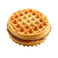 A round waffle sandwich with caramel filling isolated on transparent background