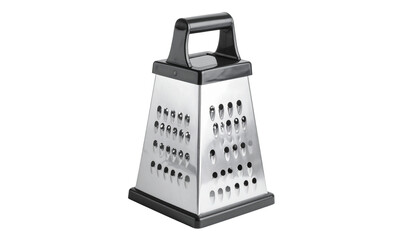 Sharp metallic kitchen utensil, a cheese grater with a shiny stainless steel handle