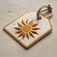 Golden Sun Emblem Rustic Tag with Rope Tie on Textured Neutral Background