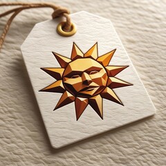 Majestic Golden Sun Icon with Facial Features on a White Rustic Label